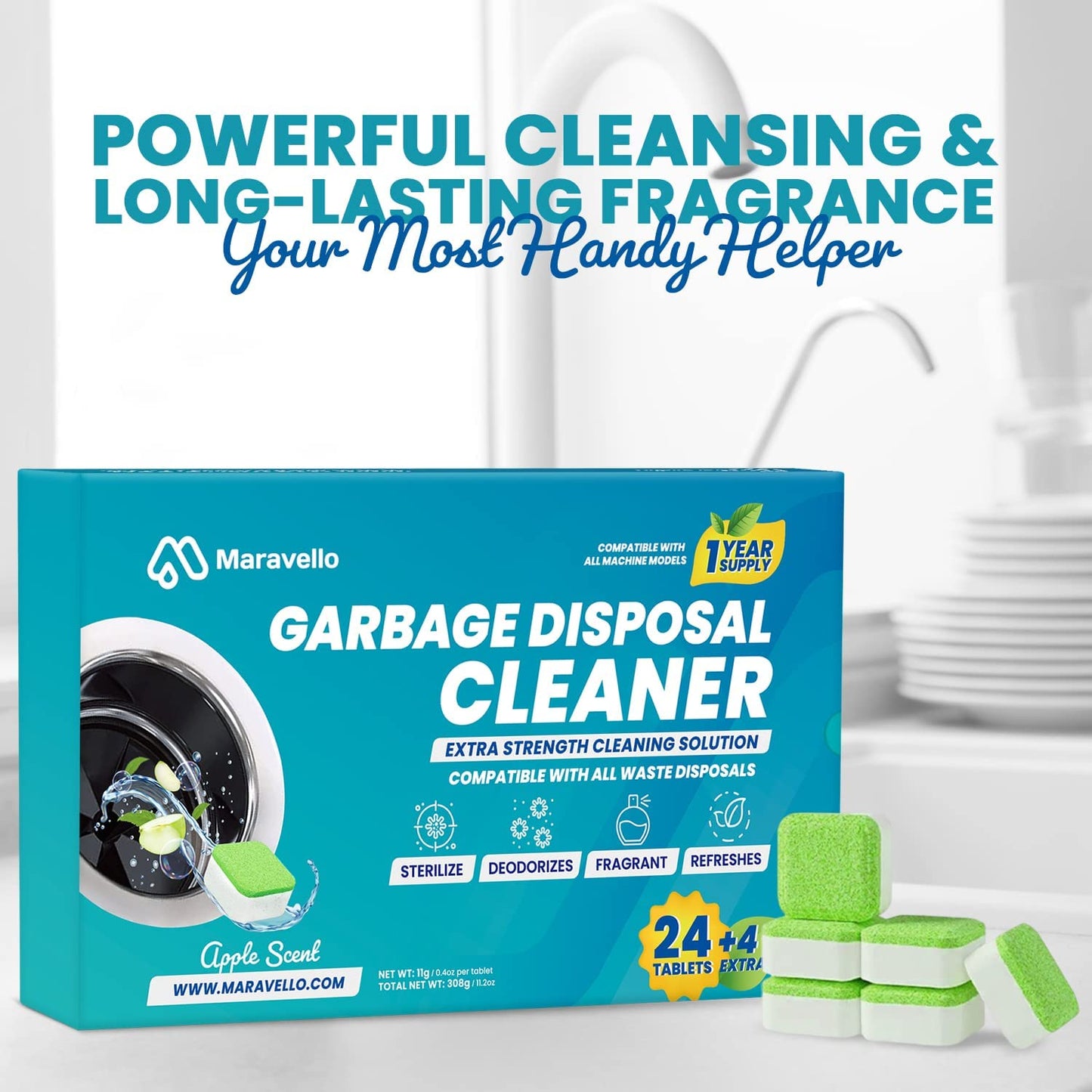Maravello Disposal Cleaner and Deodorizer, 28 Tablets