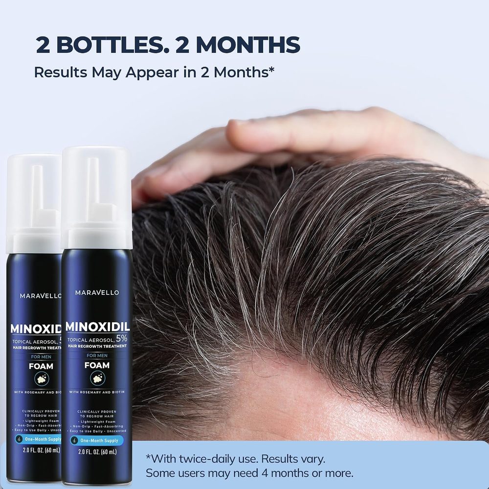 Two bottles of Maravello minoxidil foam beside a man's full head of hair