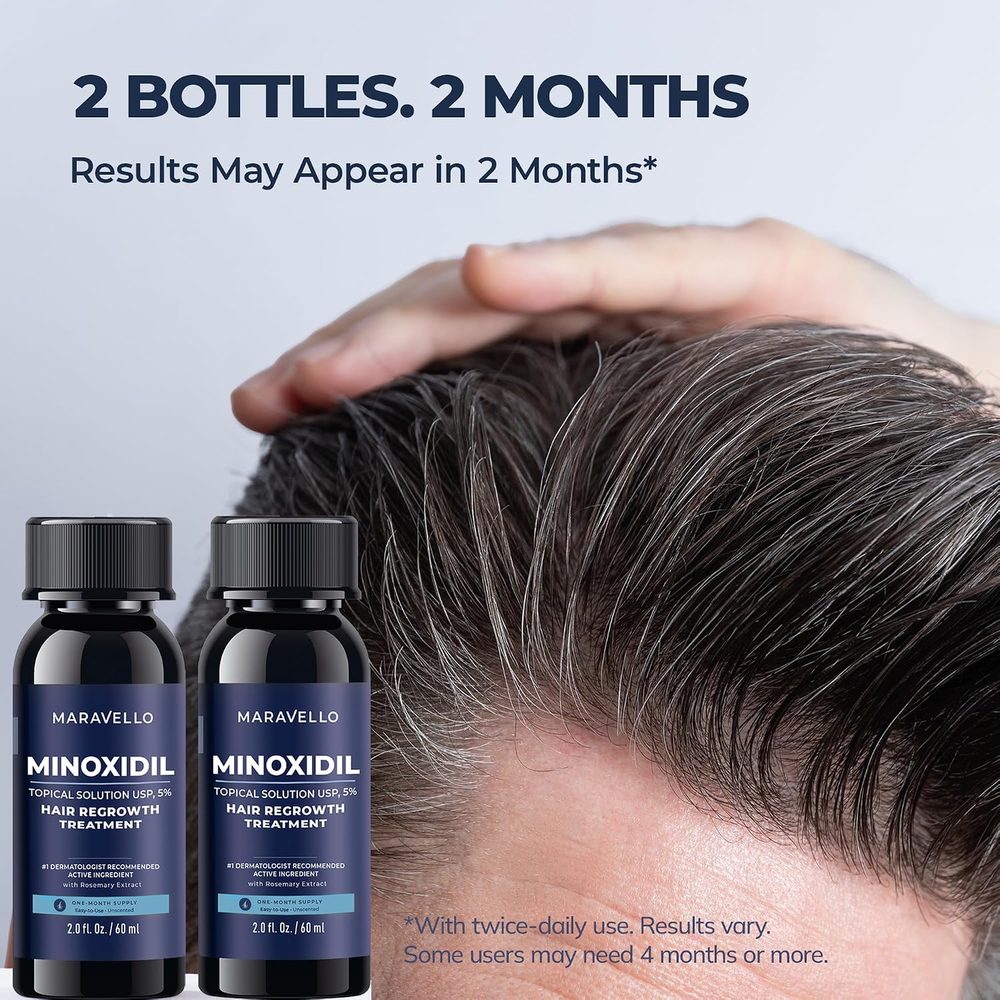 Two bottles of Maravello minoxidil solution beside a man's hair