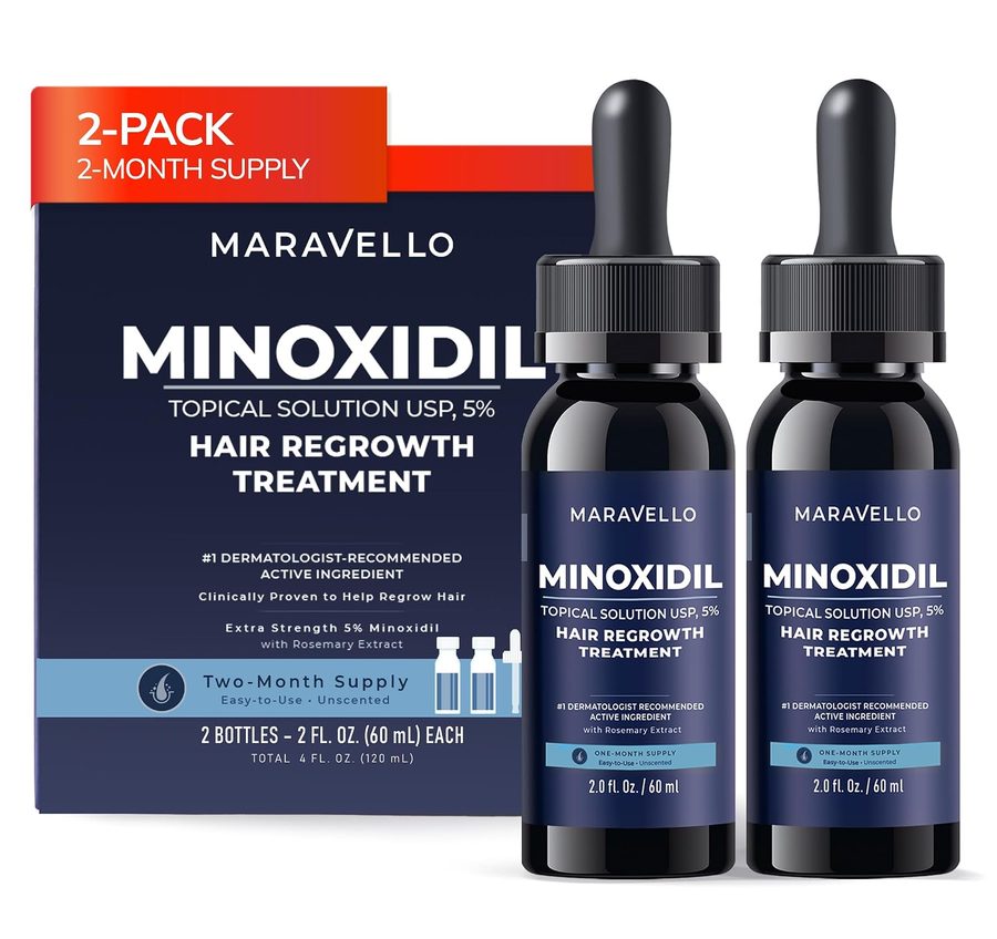 Maravello 5% Minoxidil Topical Solution, 2 dropper bottles with box