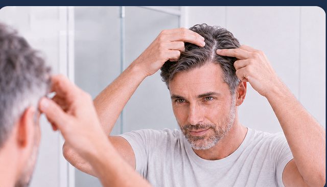 Man parting his hair to apply treatment to the scalp