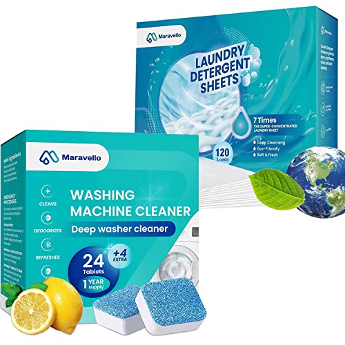 Maravello Washing Machine Cleaner and Laundry Detergent Sheets Combo